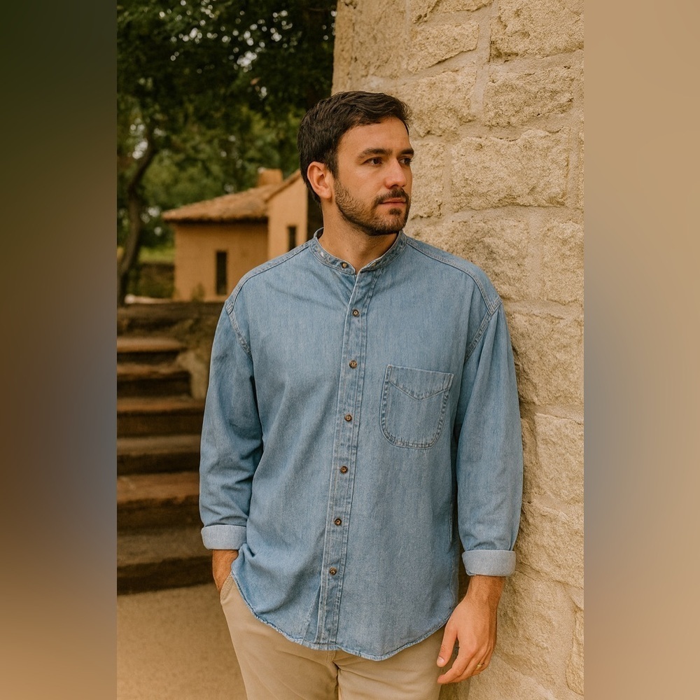 M.J. Soffe Men’s Denim Button-Up Shirt Blue Size Large